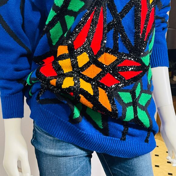 Knit Sweater Women's Medium Blue Church Stained Glass 80s Vintage Art To Wear - Picture 11 of 15